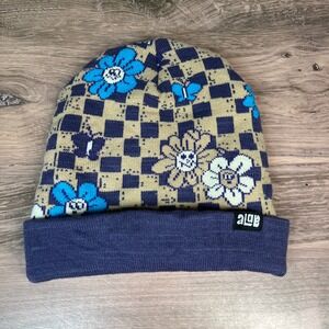 A-Lab Beanie Women Navy Blue Checkered Floral Butterfly Knit Cuffed Hat OS